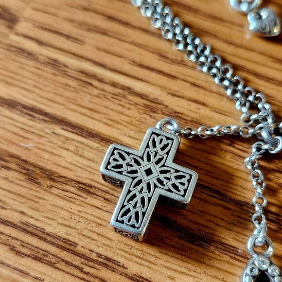 BRIGHTON "Faithful" Triple Cross Silver And Crystal Y Drop Vintage Necklace - Picture 6 of 14